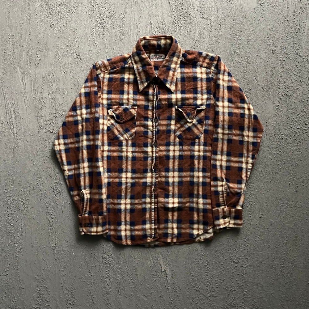 Vintage Plaid Flannel Button Up Shirt Mens Small Brown 70s Champion